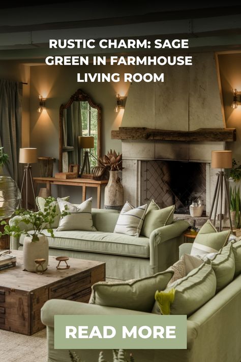 Sage green farmhouse living room with rustic decor and cozy fireplace. Sage Green Living Rooms, Sage Green Living Room Ideas, Sage Green Accents, Kitchen Flooring Trends, Green Living Room Ideas, Kitchen Tile Inspiration, Sage Green Living Room, Ensuite Bathroom Designs, Industrial Chic Kitchen