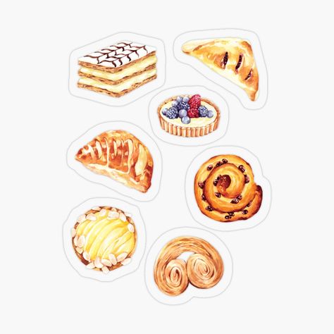 Kristie Millan Design - Parisian Pastry, french, dessert, watercolor, food illustration, stickers, journal, recipe book stickers Pastry Stickers, Pastry Illustration, French Stickers, Dessert Watercolor, Parisian Pastry, Dessert Stickers, Sweet Puff Pastry, Baking Stickers, Coffee Shelf