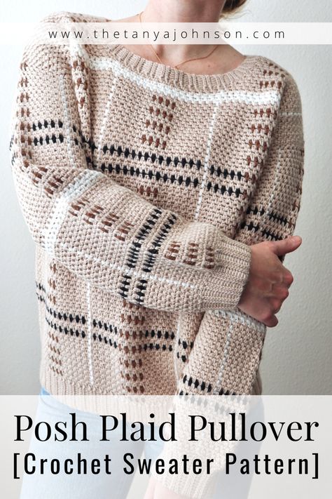 The Posh Plaid Pullover crochet sweater pattern is an oversized, classic, and comfy unisex fit sweater with a warm + inviting plaid detailing that is perfect just in time for Fall. This sweater can easily be made with or without the plaid patterning, depending on your personal style preference. This sweater will easily become a unique + cozy statement sweater in your cold-weather wardrobe, and an heirloom quality piece you can wear for years. Crochet Sweater Nordic, Crochet Plaid Sweater, Unisex Crochet Sweater, Nordic Sweater Crochet Pattern, Knit Fall Sweater, Crochet Fall Sweater Pattern Free, Crochet Fisherman Sweater, Crochet Oversized Sweater Pattern Free, Crochet Patterns For Sweaters