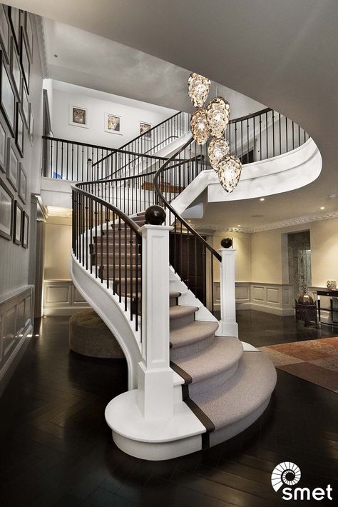 Sweeping Staircase Ideas, Grand Hallway Entrance, Helical Staircase Design, Grand Hallway, Sweeping Staircase, Black Staircase, Carpet Staircase, Wrought Iron Staircase, White Staircase