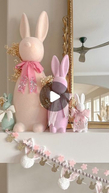 Amy • Pearl & Jane on Instagram: "Mini Glitter Bunnies ✨🐰 We sold out of these so quick this season! I was just able to add more - they are double sided, measure 6 ft across, and have the perfect amount of sparkle!! Grab them while you can! Cover photo shoutout … 🫶🏻 Thanks to our sweet friend @aurelie.erikson for styling them so adorably on her mantel for Spring!!" Aurelie Erikson, Flocked Bunnies, Decorating For Easter, Candyland Party, Pastel House, Easter Bunny Decorations, Bunny Decor, Bunny Tail, Hoppy Easter