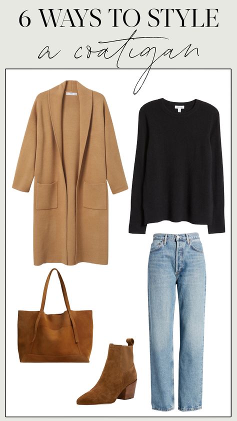 Trend Alert: Coatigans (And 6 Ways to Wear Them!) Long Cardigan Coat Outfit, Cardigan And Coat Outfit, Winter Cardigan Outfit Casual, Camel Cardigan Outfit Winter, Carmel Coat Outfit Winter, Coat Cardigan Outfit, Jean Cardigan Outfit, Long Cardigan Styling, Coatigan Outfit Winter