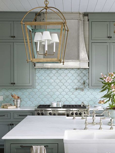 Totally On Trend: Fabulous Fish Scale Tiles for the Bath & Kitchen | Apartment Therapy Condo Decor, Fish Scale Tile, Steel Hood, Herringbone Backsplash, Dream Kitchens, Scale Pattern, Classic Kitchen, Coastal Kitchen, Fish Scale