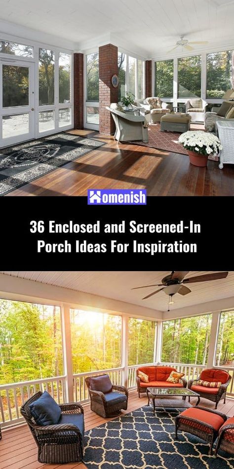 Your porch doesn’t need to be wasted space. You can transform it into a room addition by screening it in or fully enclosing it. Here are some inspiring ideas to help you visualize what your might porch space might look like and how functional it can really be. Enclosing A Porch To Make A Room, Porch With Shed Roof, Small Screened Porch, Four Seasons Room Addition, Closed In Porch, Screened In Porch Furniture, Back Porch Designs, Porch Enclosures, Screened Porch Designs