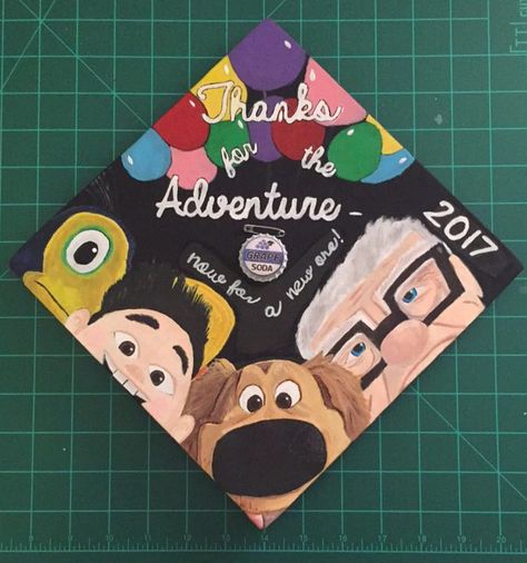 Graduation Cap Designs Up Disney, Graduation Cap Designs Diy High School, Graduation Cap Designs Painted, High School Graduation Cap Designs Disney, Painting Graduation Cap, Monsters Inc Graduation Cap, Painted Caps For Graduation, South Park Graduation Cap, Graduation Cap Painted