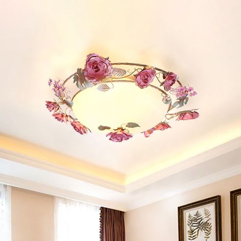 This Bowl Dining Room Ceiling Lamp is a perfect addition to any countryside style, creating a relaxing and classic vibe. Crafted from high-quality metal, the lamp is sturdy and reliable. The white finish is complemented by flower decor, blending seamlessly into the background. With a voltage rating of 220V-240V/110V-120V, this practical flush mount light fixture is compatible with various bulb bases. The lamp supports two, three, and four light bulbs, enabling you to customize the look and brigh Feminine Light Fixtures, Flower Ceiling Diy, Flower Light Fixture, Ceiling Light Diy, House Cottagecore, Ceiling Lamp Dining Room, Flower Ceiling, Lampe Metal, Countryside Style