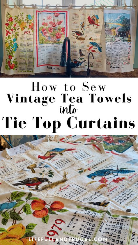 Curtains Made From Dish Towels, Upcycled Tea Towel, Repurpose Tea Towels, Vintage Tea Towel Display, How To Display Kitchen Towels, Vintage Dish Towels, Tea Towel Upcycle, Tea Towel Top, Vintage Tea Towels Repurposed