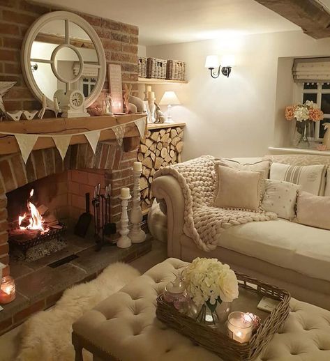 Cottage Sitting Room Cosy, Cottage Snug Ideas, Country Cottage Sitting Room, Cozy Cottage Living Room With Fireplace, Cosy Cottage Living Room Ideas, Cottage Living Room Inspiration, Country Lounge Room Ideas, Cosy Farmhouse Living Room, Cosy Cottage Interior