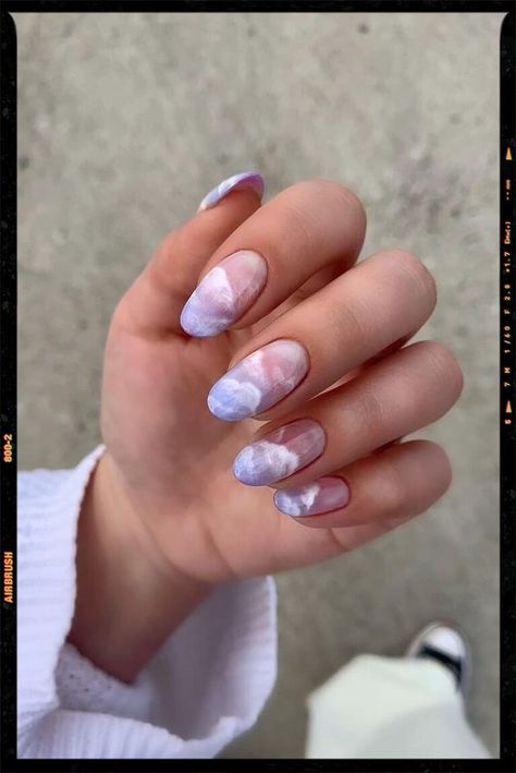 Almond Nails - Acrylic Nails Cloud Nails Coffin, Purple Cloud Nails, Oval Nail Designs, Mens Manicure, Cloud Nails, Oval Nail, Oval Nails Designs, Multicolored Nails, Holiday Nails Christmas