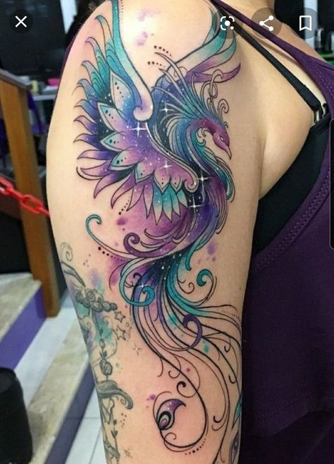 Colorful Dragonfly Tattoo Ideas, Phoenix And Flower Tattoo Feminine, Phenoix Tattoos For Women, Phoenix With Flowers Tattoo, Phoenix Back Tattoo Women, Phoenix Flower Tattoo, Phenix Tattoo For Women, Phoenix Tattoo Color, Colorful Phoenix Tattoo