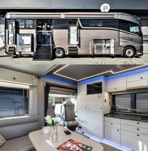 Horse Lorry, Luxury Rv Living, Luxury Campers, Horse Barn Ideas Stables, Old School Bus, Rv Dreams, Dream Horse Barns, Luxury Motorhomes, Luxury Van