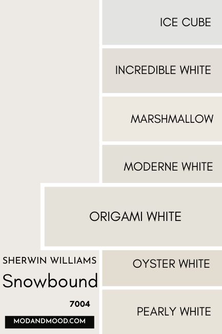 Sherwin Williams Snowbound vs 50+ Other White and Light Paint Colors (Including Benjamin Moore!) - Mod & Mood White Dove Vs Snowbound, Benjamin Moore Snowbound, Light Neutral Paint Colors, White Dove Benjamin Moore, Sherwin Williams Snowbound, White Interior Paint, Light Paint Colors, Origami White, Sherwin Williams White