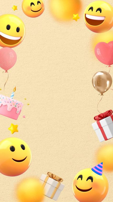 Birthday party emoticons mobile wallpaper, cute 3D frame background | premium image by rawpixel.com / Wan Birthday Background Wallpaper, Backgrounds Birthday, 3d Wallpaper Background, Purple Mustang, Birthday Backgrounds, Birthday Banner Template, Cake Frame, Emoji Backgrounds, Emoji Birthday