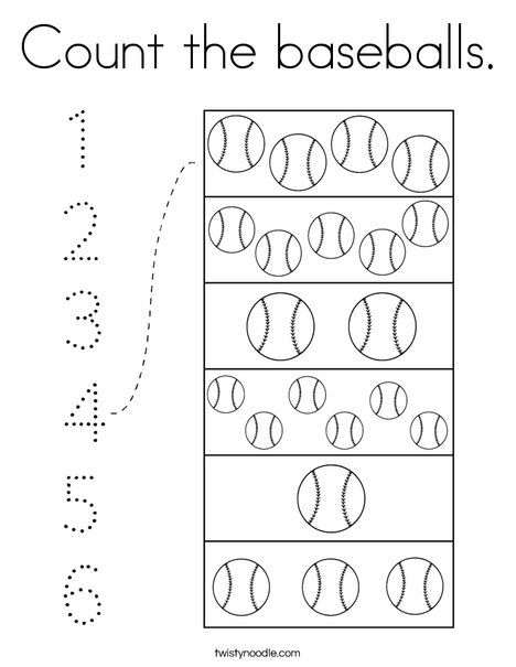 Count the baseballs Coloring Page - Twisty Noodle Sports Preschool Activities Free Printable, Sports Art Activities For Preschoolers, Preschool Baseball Activities, Sports Math Activities Preschool, Sport Preschool Activities, Baseball Preschool Activities, Football Preschool Activities, Sports Worksheets Preschool, Sports Preschool Activities