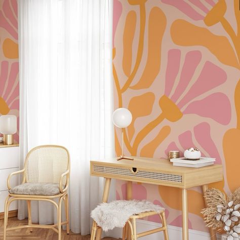 We’re in love with this beautiful Retro Floral Mural, boasting a gorgeous pastel pink and orange colour palette. 🍊 #retromural #retrodesign #interiordecor #homedecoration #pinkwallpaper #orangefeaturewall #peelandstickwallpaper #diyhomedecor #diydecor #homestyling #homeinterior #trendingwallpaper #interiorstyle #interiør #homestylinginspo #retrostyle #bedroomdecor #retrostyle #homedecorating Colourful Wall Mural, Bright Wall Colors, Pastel Wall Mural, Retro Mural, Floral Mural Wallpaper, Floral Mural, Most Beautiful Wallpaper, Bold Wallpaper, Wallpaper Removable