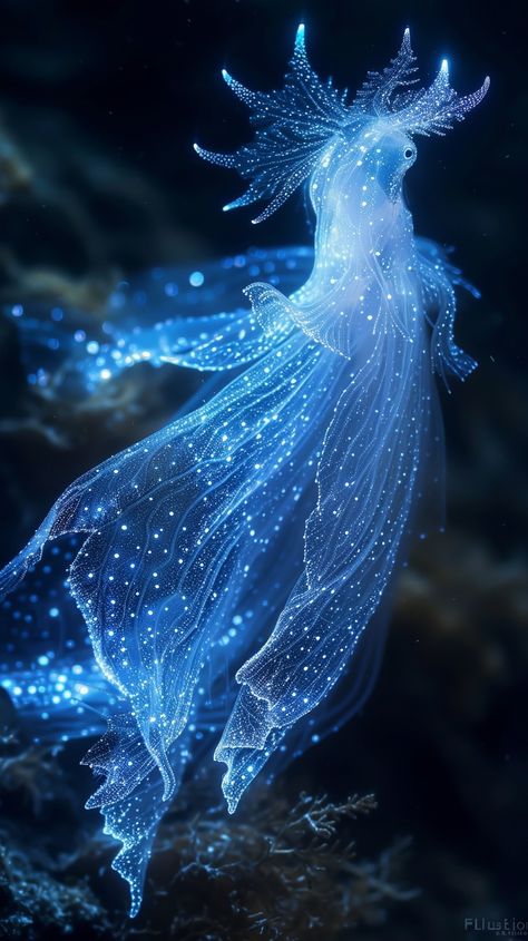 Ethereal Glowing Figure: A mesmerizing #figure radiates with an #ethereal #glow amidst a dark, #star-speckled #underwater realm. #mystical #aiart #aiphoto #stockcake ⬇️ Download and 📝 Prompt 👉 https://stockcake.com/i/ethereal-glowing-figure_241353_46450 Luminous Ethereal, Ethereal Underwater Aesthetic, Bioluminescent Mermaid Tail, Bioluminescent Mermaid, Glowing Blue Eyes Fantasy, Mountain City, Image Downloads, Moon Design, Black And White Abstract