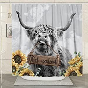 Sunflower Bathroom Decor, Cow Shower Curtain, Sunflower Bathroom, Shower Curtain Set, Highland Cow, Shower Curtains, Shower Curtain, Sunflower, Cow