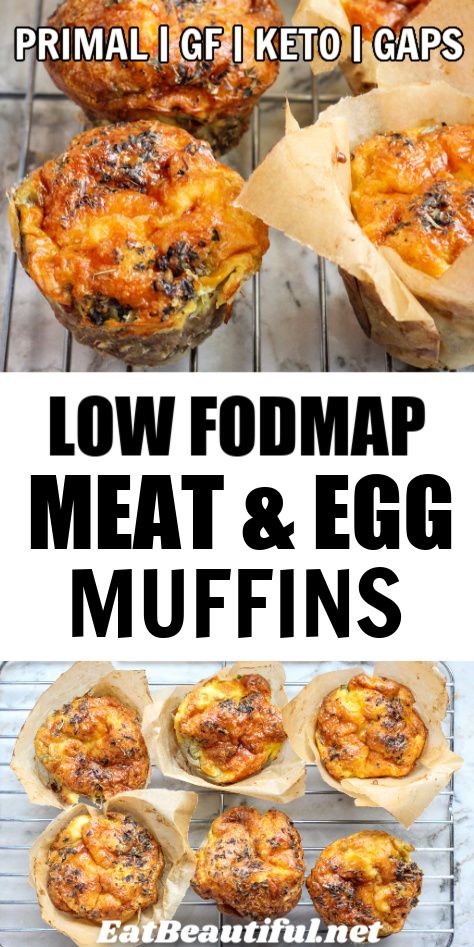 Great for breakfast, lunch, snack or dinner, Low FODMAP Meat and Egg Muffins are super satisfying and convenient. Gentle to digest, Keto, Grain-free, Gluten-free, Primal and GAPS. 2 net carbs per muffin! | low fodmap | meat | egg | muffin | keto | gluten free | primal | grain free || #lowfodmap Fodmap Breakfast, Low Carb Low Fat Recipes, Egg Muffins, Low Fodmap Recipes, Grain Free Recipes, Fodmap Recipes, Low Carb Dinner Recipes, Primal Paleo, Gluten Free Breakfasts