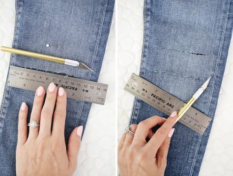 5 Ways to DIY The Biggest Jean Trends! Cropped Bootcut Jeans, Big Jeans, Bleached Jeans, Foam Shapes, Straight Pins, Rubber Gloves, Seam Ripper, Fabric Scissors, Foam Sheets