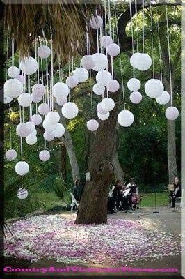 country wedding decorations cheap | wedding decoration decorations cheap balloon tree hang budget country ... Hanging Balloons, Rustic Wedding Decorations, Wedding Cake Designs, A Park, Paper Lanterns, Pom Poms, Future Wedding, A Tree, Garden Party