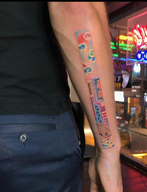 Colored Writing Tattoo, Colourful Line Tattoo, Color Test Tattoo, Faded Color Tattoo, Colorful Tattoos For Men, Neon Tattoos, Arm Tattoos Color, Hong Kong Tattoo, Small Colorful Tattoos