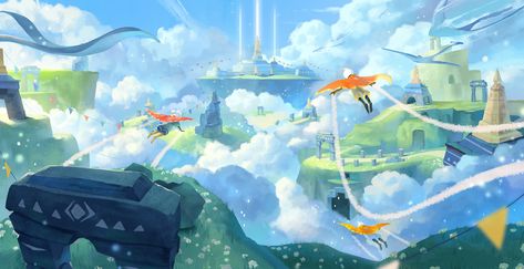 Sky 光遇 on Behance Sky Games, Cloud City, Sky Bar, Sky Artwork, Desktop Wallpaper Art, Child Of Light, Lit Wallpaper, Landscape Scenery, Fantasy Art Landscapes