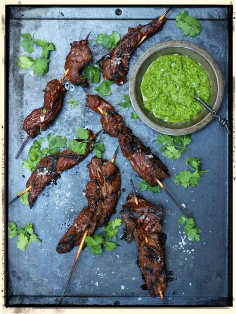 Grilled Beef Skewers with Green Chile Sauce Grilled Beef Skewers, Green Chile Sauce Recipe, Green Chile Salsa, Beef Skewers Grill, Chile Salsa, Steak Skewers, Green Chile Sauce, Garlic Marinade, Shish Kabobs