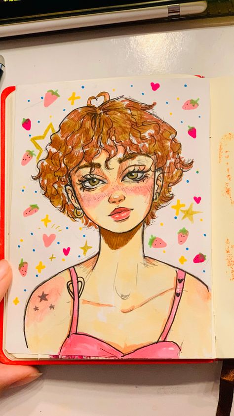 Cute aesthetic girl with curly hair sketch sketchbook marker colors drawing Face Marker Drawing, Water Pencil Colour Drawing, Sketch Ideas Hair, Sketch Book Ideas Aesthetic Colourful, Water Marker Art, Sketchbook Ideas Marker, Color Pencil Sketches Easy, Curly Hair Girl Drawing, Grunge Art Aesthetic Drawing