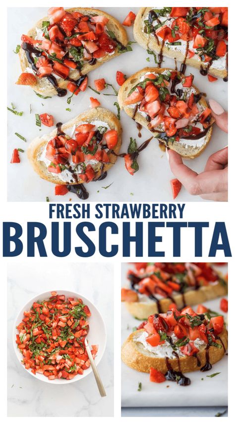 This fruity strawberry bruschetta with a creamy goat cheese spread is an easy summer appetizer for your next party. A tangy balsamic reduction drizzle and fresh basil make them irresistibly refreshing! #summerbites #appetizer #appetizerideas #summerparty #bruschetta #freshbruschetta #strawberry Refreshing Appetizers For Summer, Quick Summer Appetizers, Summer Happy Hour Appetizers, Summer Appetizers For Party, Basil Appetizers, Mediterranean Bruschetta, Fruit Bruschetta, Brushetta Appetizers, Strawberry Appetizers