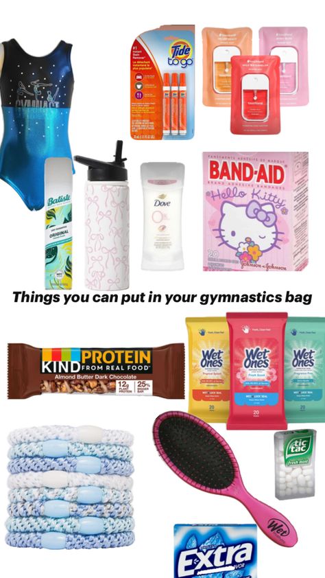 What To Put In Your Gymnastics Bag, Cheer Packing List, Gymnastics Bag Essentials, Sports Bag Essentials, Gymnastics Motivation, Gymnastics Bags, Gym Hair, Gymnastics Competition, Gym Hairstyles