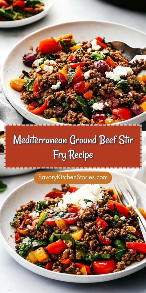 Craving a hearty meal that’s packed with Mediterranean goodness? This Mediterranean Ground Beef Stir Fry Recipe is full of fresh veggies and robust flavors. It’s an easy way to elevate your dinner routine! Don’t forget to save this recipe for your Mediterranean dinner ideas collection! Mediterranean Turkey And Rice Skillet, Mediterranean Beef Stir Fry, Metteranian Recipes, Low Cholesterol Beef Recipes, Green Beans And Ground Turkey, Mediterranean Diet Turkey Recipes, Easy Protein Meal Prep Ideas, Mediterranean Diet Stir Fry, Mediterranean Recipes For Lunch