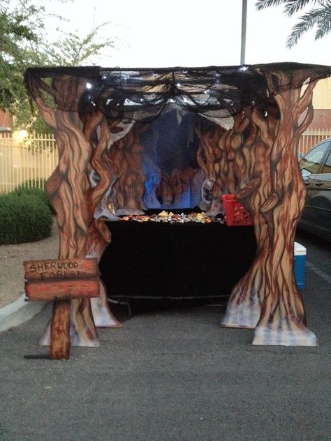 The Sherwood Forest trunk or treat in the back of a pickup. Cardboard and PVC with some black material for the truck bed. Trunk Or Treat Ideas For Canopy, Red Riding Hood Trunk Or Treat Ideas, Trunk Or Treat Forest Theme, Trunk Or Treat Cemetery, Trunk Or Treat Vampire, Hansel And Gretel Trunk Or Treat, Over The Top Trunk Or Treat Ideas, Haunted Forest Trunk Or Treat, Graveyard Trunk Or Treat Ideas