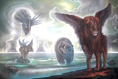 Daniel Discovered : 3.7 - Daniel 7 Book Of Daniel, Jesus Artwork, Tiger Pictures, Christian Artwork, Christian Memes, Creature Concept, Fantasy Artwork, Animals Beautiful, The Sea