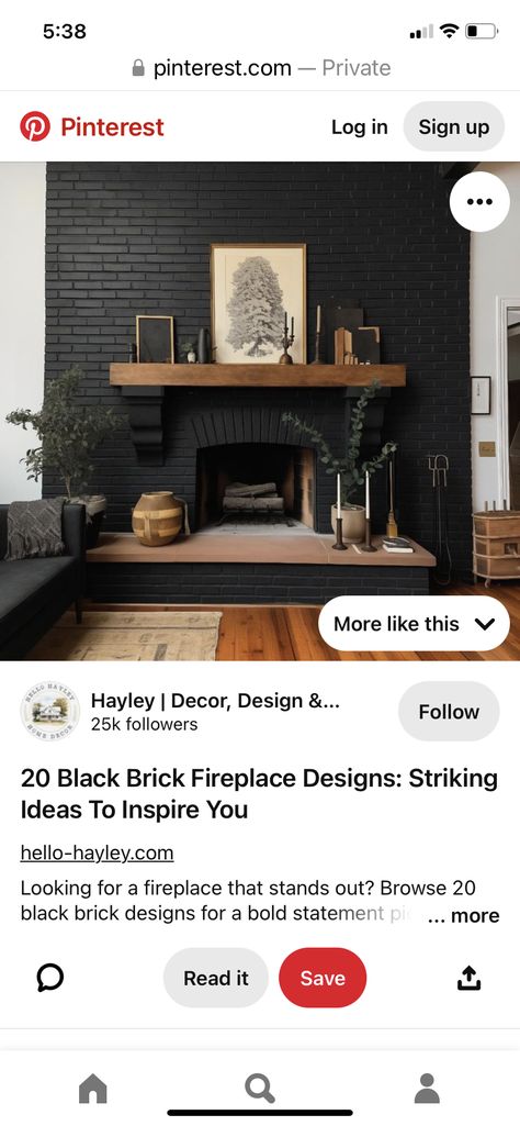 Moody Living Room With Brick Fireplace, Large Black Brick Fireplace, Dark And Moody Fireplace, Black Fireplace Hearth, Black Rock Fireplace, Moody Fireplace, Moody Den, Black Brick Fireplace, Moody Home Decor