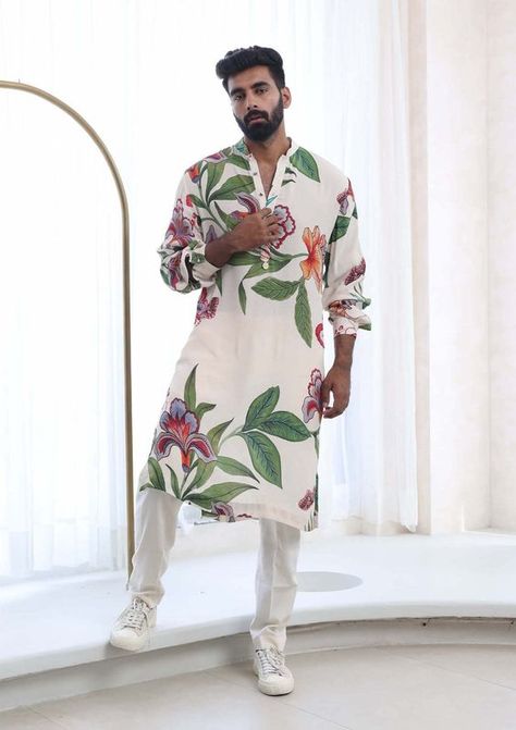 Luxury Multicolor Kurta With Printed Motifs, Luxury Bollywood Lawn Suit For Men, Luxury Straight Kurta Sherwani With Printed Motifs, Luxury Kurta With Digital Print, Luxury Multicolor Kurta For Wedding, Luxury Wedding Kurta With Traditional Patterns, Luxury Traditional Formal Shirt, Luxury Spring Wedding Kurta, Luxury Raw Silk Kurta For Men