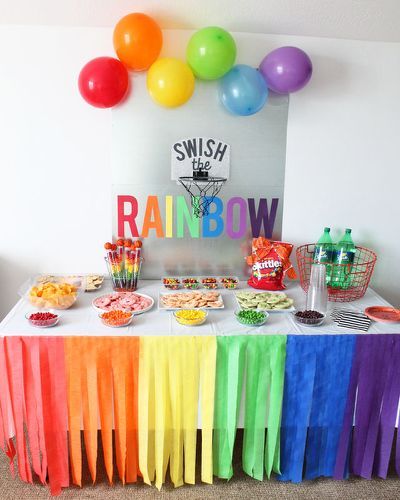 Rainbow Party Ideas Rainbow Party Basketball Party Ideas, Peppa Pig Birthday Party Ideas, Pig Birthday Party Ideas, Rainbow Themed Birthday Party, Boys Play, Rainbow Party Decorations, Rainbow Unicorn Party, Pig Birthday Party, Party Ideas For Kids