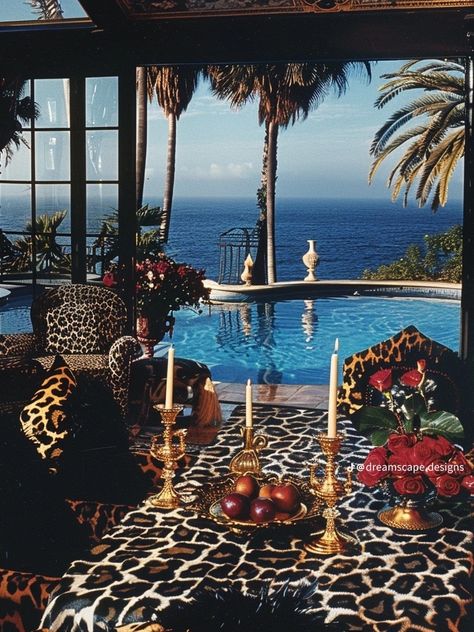 Cheetah Print Living Room, Old Money Interior Design, Old Money Interior, Cool Mansions, 80s Interior Design, 80s House, Miami Apartment, Art Deco Prints, Ocean Tropical