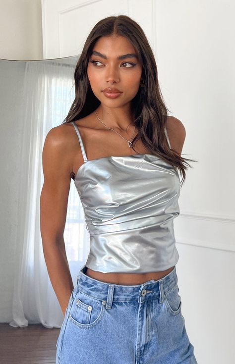 Prom Midi Dress, 60's Dress, Summer Playsuit, Silver Top, Woman's Fashion, Beginning Boutique, Straight Neckline, Strapless Tops, Long Crop Top