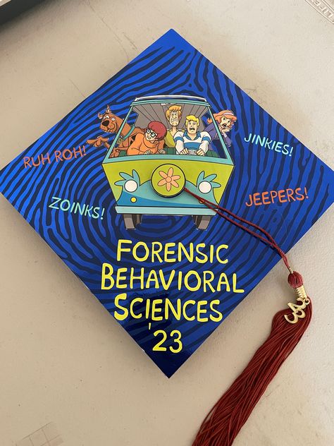 Forensics Graduation Cap, Scooby Doo Grad Cap, Forensic Science Grad Cap, Scooby Doo Graduation Cap, Graduate Cap, College Grad Cap Ideas, Masters Graduation, Graduation Cap Decoration Diy, Grad Cap Designs