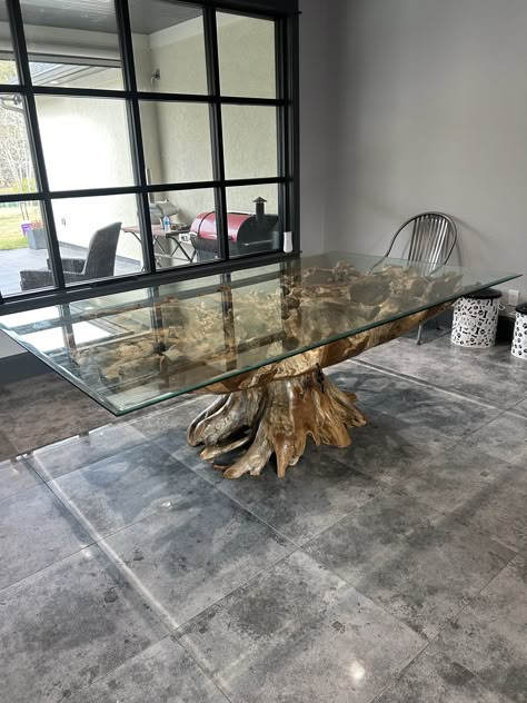 Glass Table Wood Base, Tree Root Dining Table, Live Edge Waterfall Dining Table, Tree Trunk Table Base, Tree Root Table Base, Teak Root Dining Table, Bohemian Dining Room Table, Glass Dining Table Design, Bohemian Dining Table