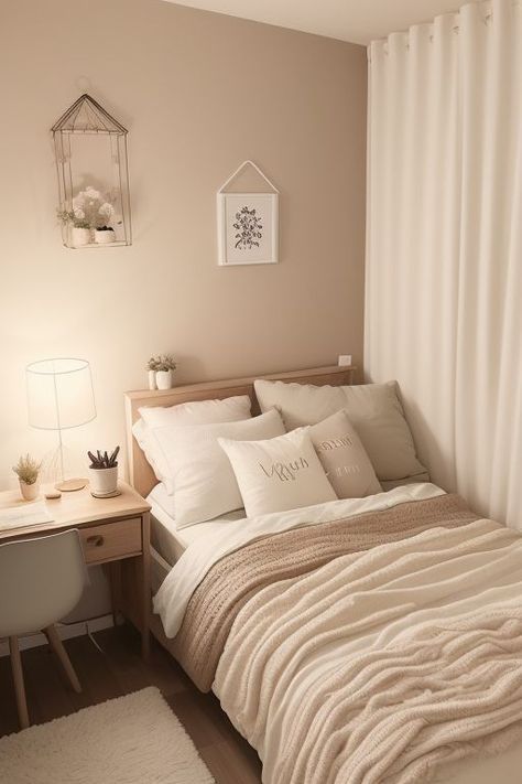 Cuartos Color Beige, Tan And White Bedroom, Small Room Makeover, Beige Room, Dream Bedroom Inspiration, Bedroom Ideas Aesthetic, Small Room Decor, Dorm Room Inspiration, Bedroom Decor Cozy