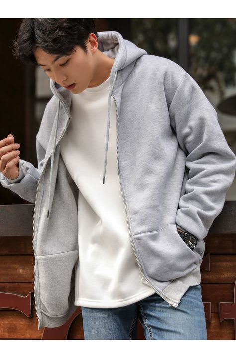 OKVIT Korean Hoodie Outfit, Outfit Ideas Hoodie Style, Pambahay Outfits, Hoodie Style Men, Grey Zip Up Hoodie Outfit, Outfit Ideas Hoodie, Outfit Cowo, Outfits Guys, Korean Hoodie