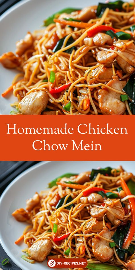 Learn how to make homemade chicken chow mein. This recipe is simple, quick, and loaded with fresh ingredients. How To Make Chow Mein Noodles, Chow Maine Recipes, Chowmein Recipe Chow Mein, Chiken Recepies, Chicken Chow Maine Recipes, Simple Chow Mein Recipe, Chow Mein Recipe Easy, Chow Mein Sauce Recipe, Chicken Chow Mein Recipe Old Fashioned