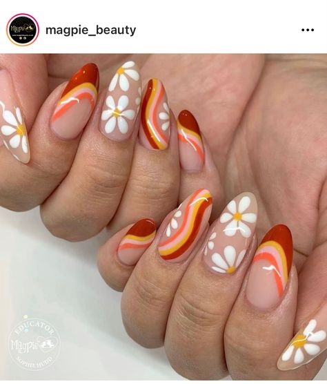 1970 Nails Design, 70s Nails Retro Orange, Groovy Floral Nails, Velma Inspired Nails, 70s Wedding Nails, 70s Disco Themed Nails, Midcentury Nails, Neon Flowers Nails, 70s Floral Nails