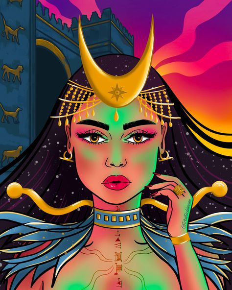 Digital Art Portrait Illustration of Ishtar / Inanna, Mesopotamian Goddess - Tribal Art - Ishtar gate Goddess Inanna Art, Ishtar Goddess Art, Inana Goddess, Anat Goddess, Astarte Goddess, Inanna Goddess, Mesopotamian Goddess, Sumerian Gods, Goddess Ishtar