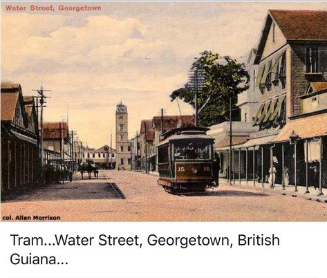 A tram car in Water St.  British Guiana Kaieteur Falls, British Guiana, Car 15, Trinidad Tobago, Black And White Images, White Images, Travel South, Black N White Images, West Indies