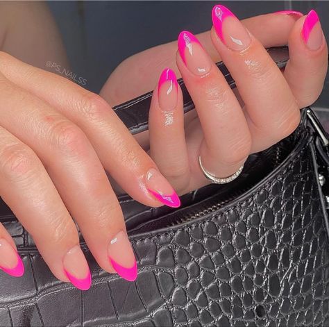 Pink Tip Round Nails, Cute Neon Pink Nails, Fushia Tip Nails, Bright Pink Tips Nails, Hot Pink Homecoming Nails Acrylic, Simple Neon Pink Nails, Barbie Pink French Tip Nails Almond, Neon Pink Acrylic Nails Short, Summer Nails Designs Acrylic French Tips Hot Pink