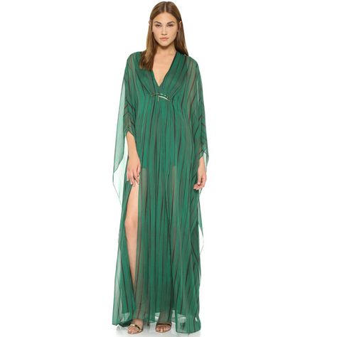 Halston Heritage Caftan Gown with Front Hardware (£395) ❤ liked on Polyvore featuring dresses, gowns, clover folded stripe print, kaftan dress, v neck dress, caftan dress, green gown and chiffon kaftan Latest Casual Dress, Chiffon Kaftan, Ladies Caftan, Halston Dress, Kaftan Gown, Casual Day Dresses, Girly Dresses, Halston Heritage, Classy Dress