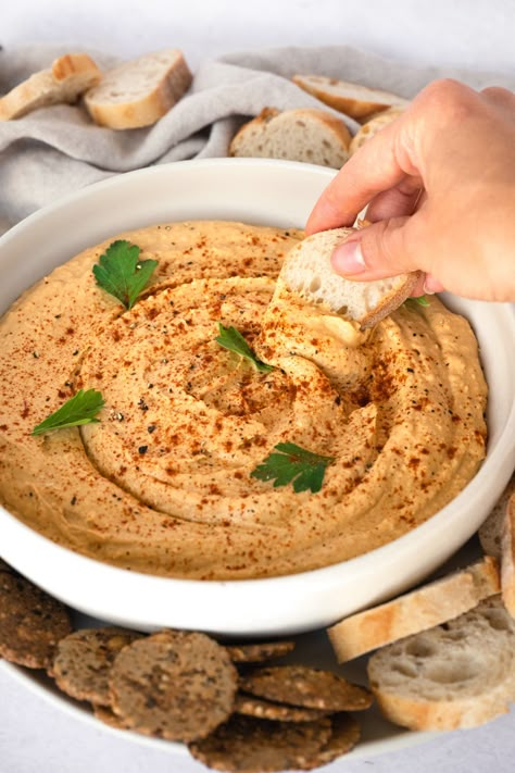 This smooth and creamy Koginut squash white bean dip is full of decadent flavors and a drool-worthy silky texture. Plus it’s made with whole food ingredients like cannellini beans, Koginut squash, and tahini, so it’s got all the added benefits like fiber, vitamins, and healthy fats, making it the ultimate fall dip! Koginut Squash Recipes, Koginut Squash, Bangers Recipe, Fall Dip, White Bean Hummus, White Bean Dip, Healthy Main Dishes, Bean Dip, Sauces And Dressings