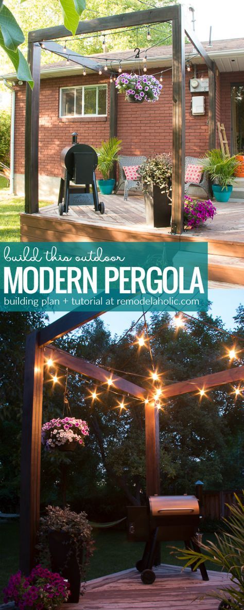 Add a beautiful modern pergola to your deck with this detailed step-by-step tutorial. This simple pergola's clean lines define an outdoor space and give you a structure to hang patio string lights and hanging planters. Full video tutorial and building plans at Remodelaholic.com Deck Pergola, Cheap Pergola, Pergola Swing, Building A Pergola, Patio String Lights, Pergola Lighting, Modern Pergola, Pergola Attached To House, Wooden Pergola